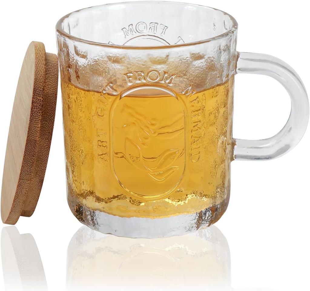 G Glass Coffee Mug With Bamboo Lid, 12 oz Luster Finish Mermaid Relief Mug, Coffee Bar Accessories, Iced Coffee Glasses, Ideal for Cappuccino, Latte, Tea -1 Set