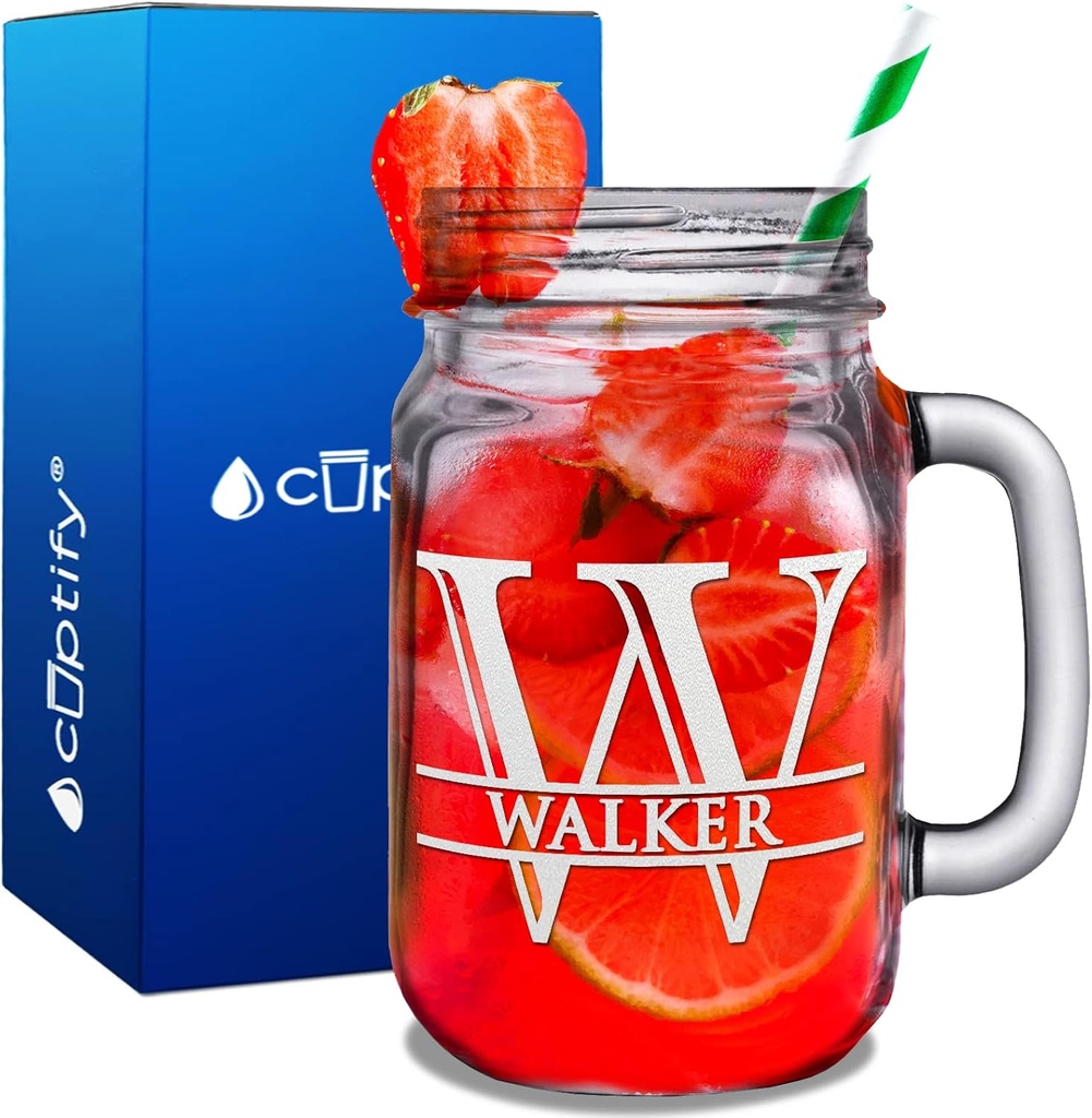 Personalized Mason Jar Split Script Monogram Initial and Name Laser Engraved 16 oz Drinking Glasses Customized Mug Birthday Gift for Women and Men