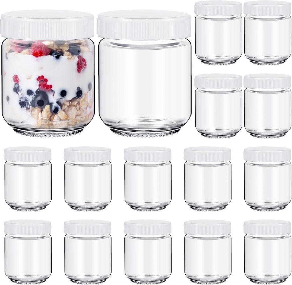 Baderke 16 pcs Overnight Oats Containers with Lids, Glass Jars for Yogurt Maker Reusable Glass Mason Jars Canning Yogurt Container for Chia Pudding, Salad, Parfait, Snacks, Spice (6 oz)