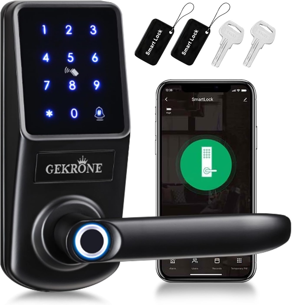 Smart Fingerprint Lock with Lever Handle, Keypad Touchscreen Keyless Entry Front Door Knob, APP Control Biometric Electronic Digital Deadbolt Set