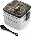 Bento Box Adult Lunch Box All-in-One Stackable Leakproof Lunch Containers with Compartments Double Layer Leak-Proof Horses And Flowers Lunch Boxes for Women Men Office Work Picnic
