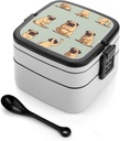 Stackable Double-Layer Bento Box Yoga Pug Adults Lunchbox with Spoon Cute Japanese Bento Box Dishwasher Safe for Work Travel Dining Outc