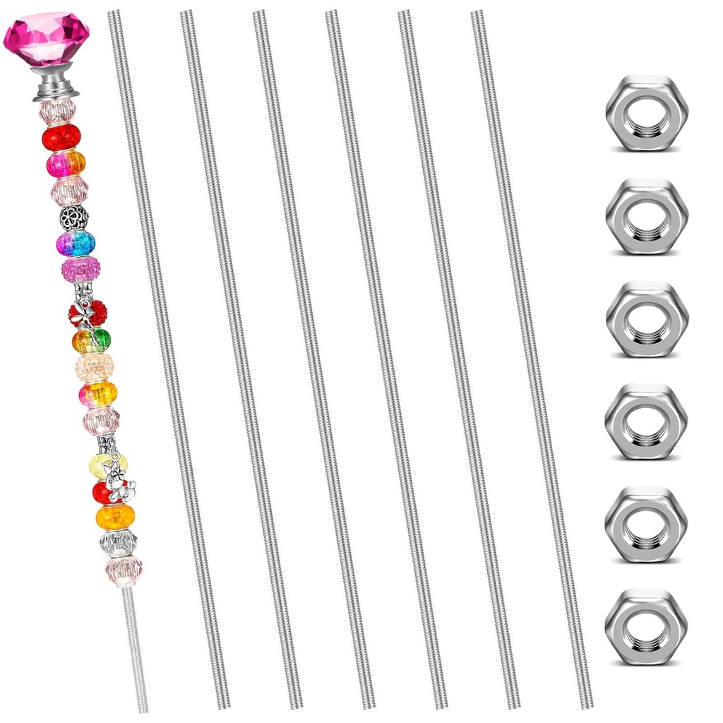 6 Pieces 8/32 Inch 4mm 12 Inch Threaded Rod with Hex Nuts Set Includes 4mm x 300 mm 304 Stainless Steel Fully Threads Studs Rods and Thread Hex Nuts for Beaded Garden Stake Rods