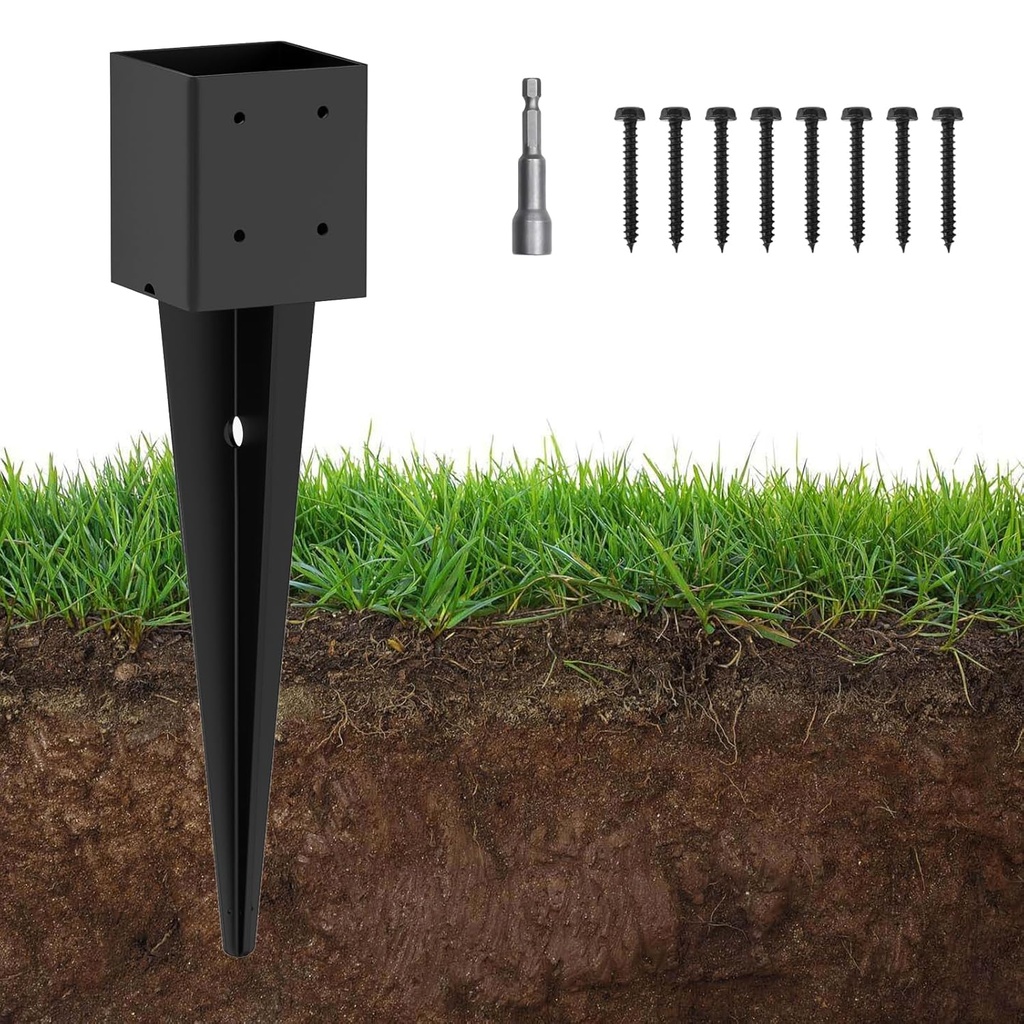 1 Pack 4x4 Fence Post Anchor Ground Spike – Heavy Duty 24" Metal Post Base (Fit 3.6"x3.6") Black Powder-Coated for Mailbox, Deck, Fence, Railing