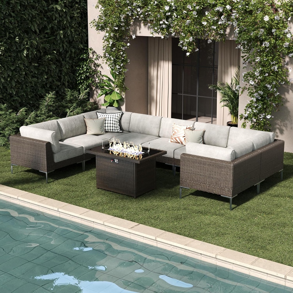 LayinSun 9-Piece Outdoor Modular Wicker Sectional Sofa with Fire Pit Table, Patio Furniture Conversation Set with Deep Seating and Thick Cushions