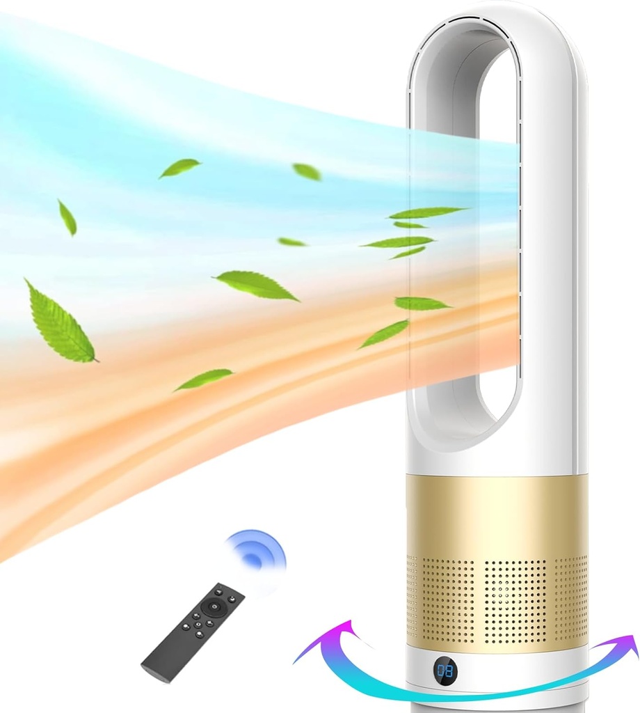 Bladeless Heater and Fan Combo, 1400 Watt Heater Fan and 40 Watt Cold Fan, 80° Oscillating Fan, All the Season Use, Remote and Touch Control, Floor Tower fan, Office Room, Bedroom, Silver Gold