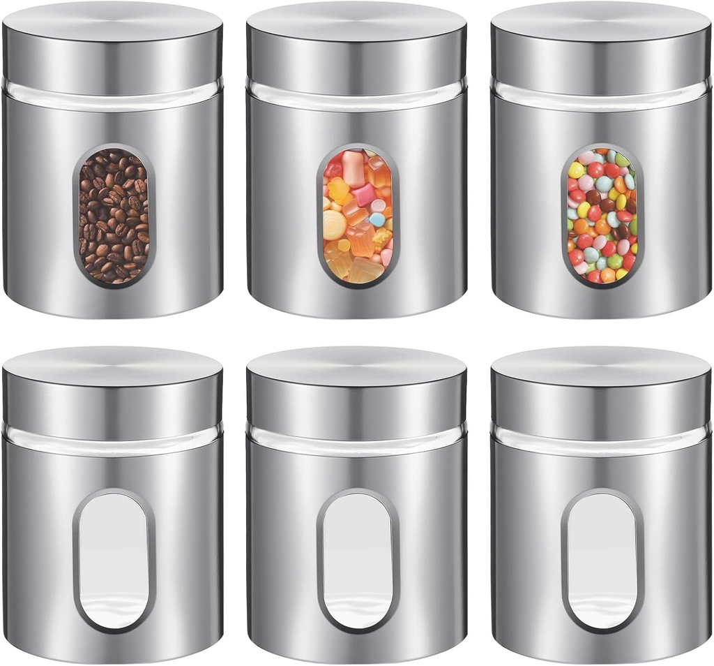 6 Pack Kitchen Canisters Set 20 oz Stainless Steel Canisters with Window Glass and Lids Airtight Coffee Sugar Tea Candy Storage Jars Food Storage Container for Flour Cookies Spices Grains