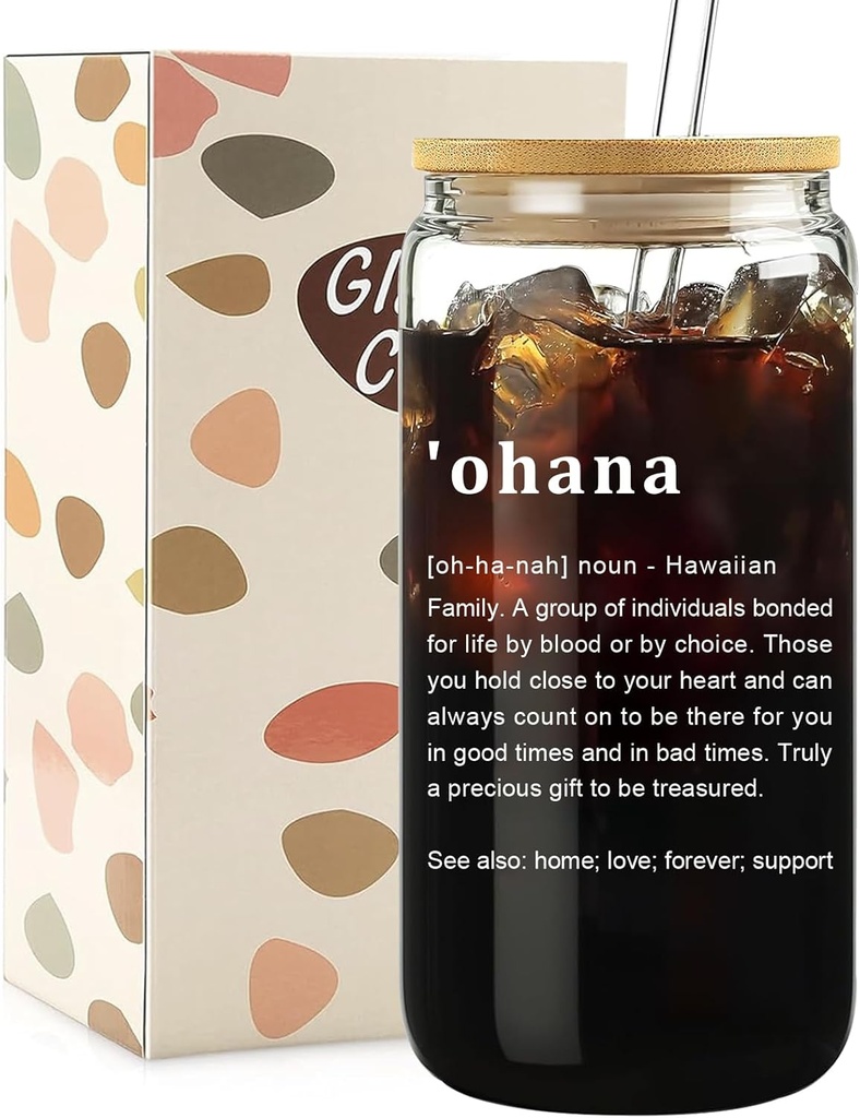 Ohana Glass Cups with Lids and Straws - Ohana Means Family, Hawaii Gifts for Women Friends Girls, Iced Coffee Cup Smoothie, Cute Room Decor, 16 oz