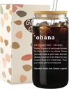 Ohana Glass Cups with Lids and Straws - Ohana Means Family, Hawaii Gifts for Women Friends Girls, Iced Coffee Cup Smoothie, Cute Room Decor, 16 oz