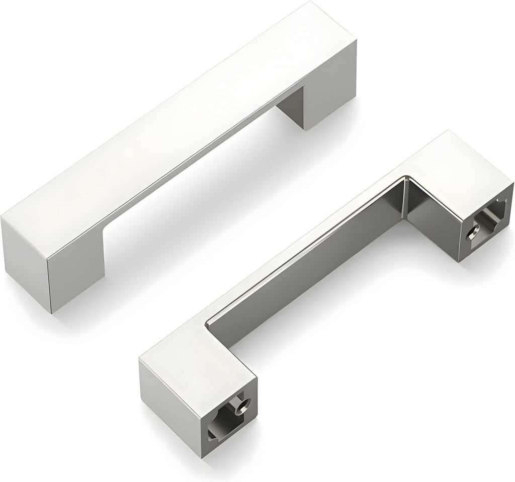 Hickory Hardware Heritage 10 Pack Square Cabinet Pulls, Low Profile Handles for Kitchen Cabinet Doors, Dresser Drawers & Bathroom Vanity, 3-3/4 Inch (96mm) Center to Center, Satin Nickel