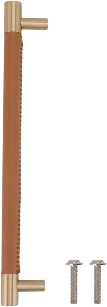 Marhynchus Luxury Leather Drawer Pulls - Light Brown Brass Cupboard Bar Pull Handle for Home Wardrobe Drawer