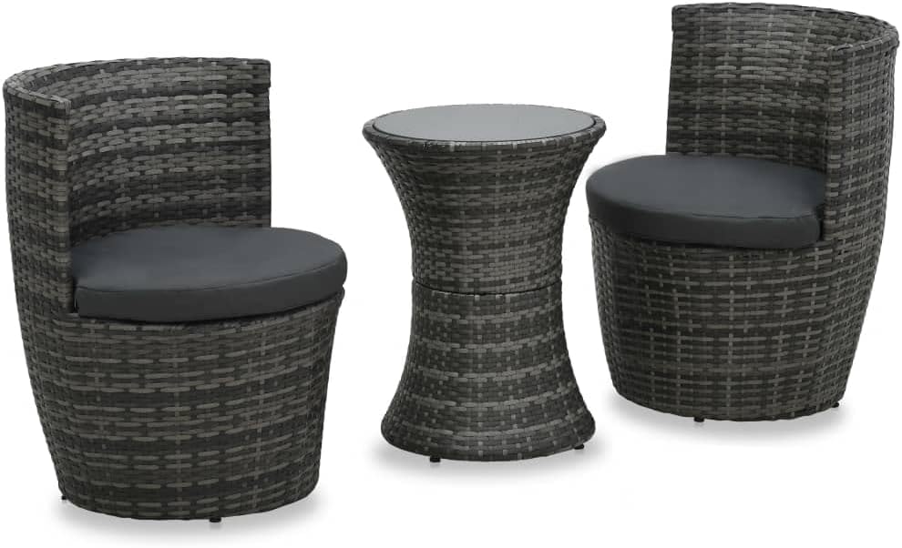 vidaXL 3 Piece Bistro Set – Outdoor Patio Furniture with Cushions, Poly Rattan Material, Stackable Space-Saving Design, Frosted Glass Tabletop, Includes 1 Table and 2 Chairs - Gray