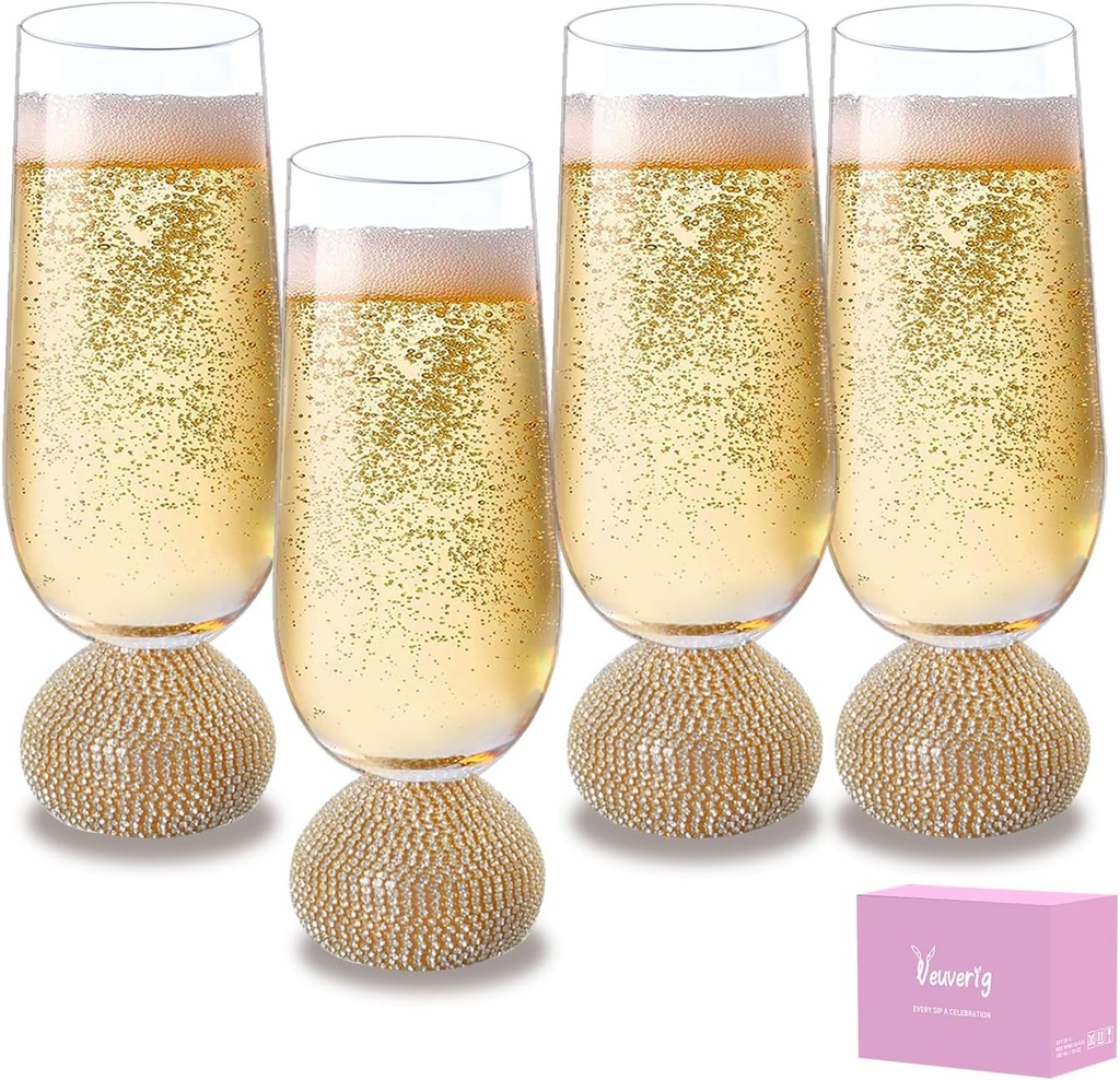 Champagne Flutes set of 4,Stemless Wedding Champagne Glasses,Unbreakable Crystal Fancy Mimosa Glasses,10 Oz Short Handle Champagne Flutes,for Engagement,Bachelorette Party,Birthday(Gold Clear)