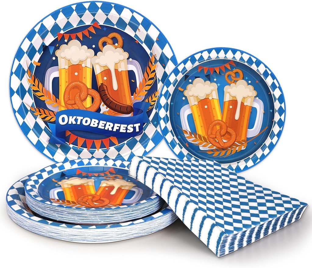 Homlouue 200PCS Oktoberfest Plates and Napkins, Oktoberfest Decorations, Oktoberfest Party Supplies Serve 50 Guests, Paper Disposable Dinnerware Set (9" & 7" Plates, 6.5" Napkins)