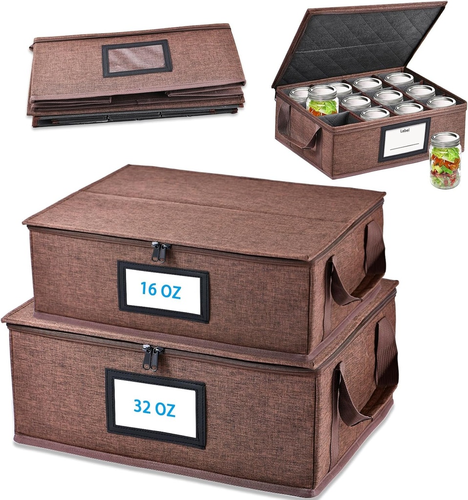 16+32 oz Mason Jar Storage Containers - Sturdy Canning Jar Boxes Organizer, Foldable with Dividers, Holds 12 Pint Mason Jars, Home Canning Supplies (Pint+Quart)