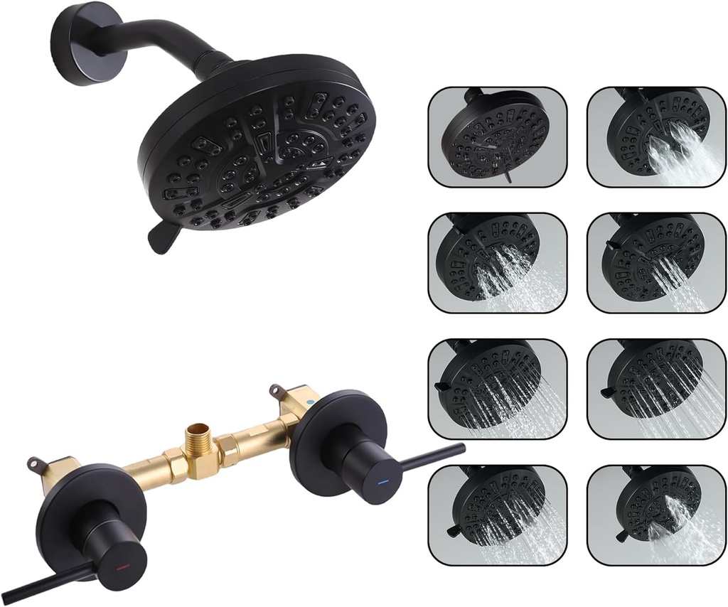 Matte Black 2 Handle Shower faucet Set, 8 Mode Shower Head Bathroom Shower Faucet Trim Kit with Rough-in Valve, Wall Mount