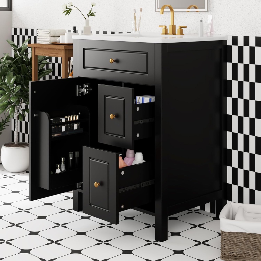 24-Inch Bathroom Vanity with Ceramic Sink, 1 Soft Close Door, 2 Soft Close Drawers, and Double Storage Racks on The Door, Black