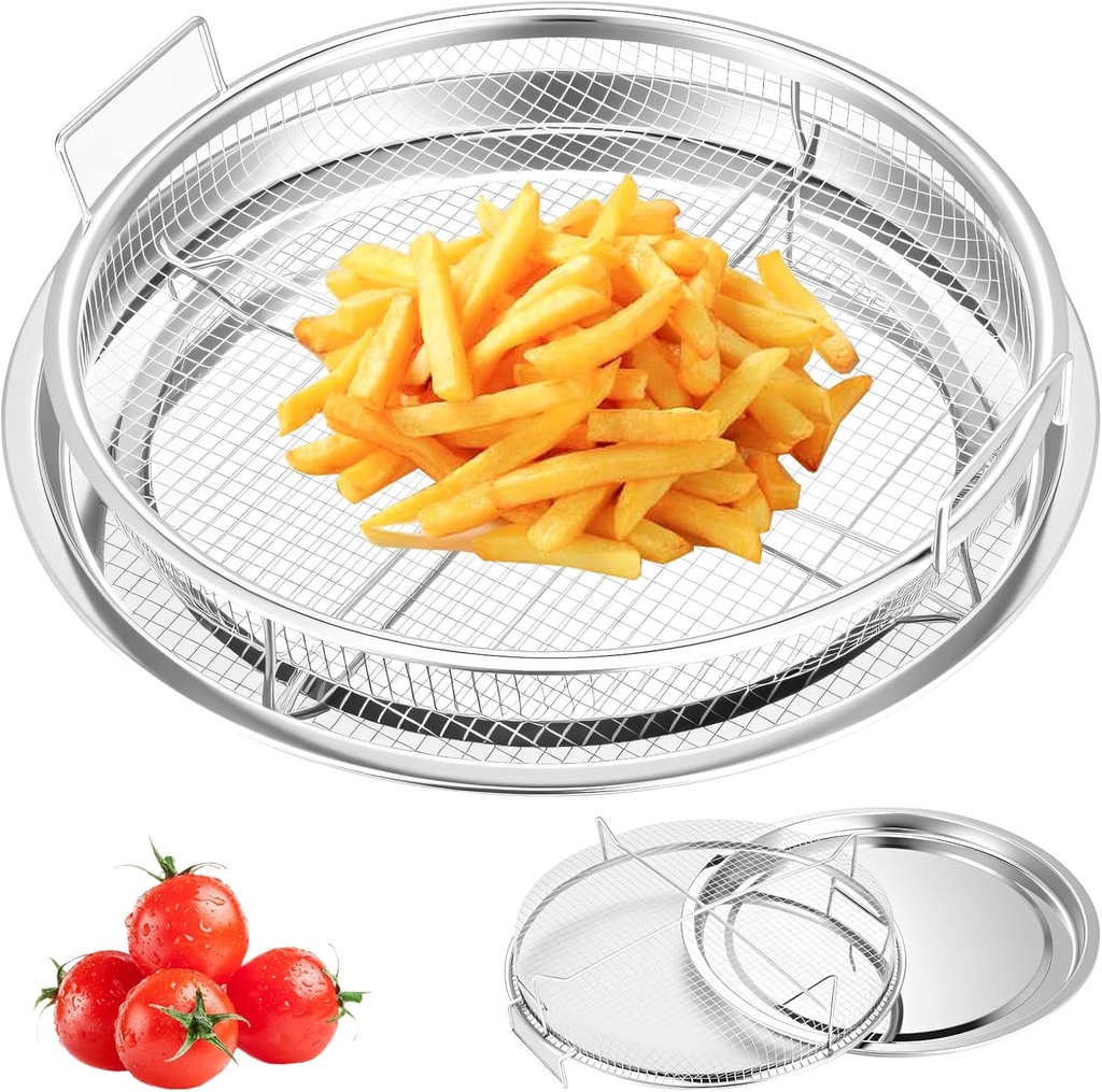 Air Fryer Basket for Oven,2 Pieces Set Round Silver 12.9'' Non-stick Stainless Steel Mesh Air Fryer Baking Tray Accessories Rack Roasting Grill Basket for Convection Oven Air Fryer, Dishwasher Safe