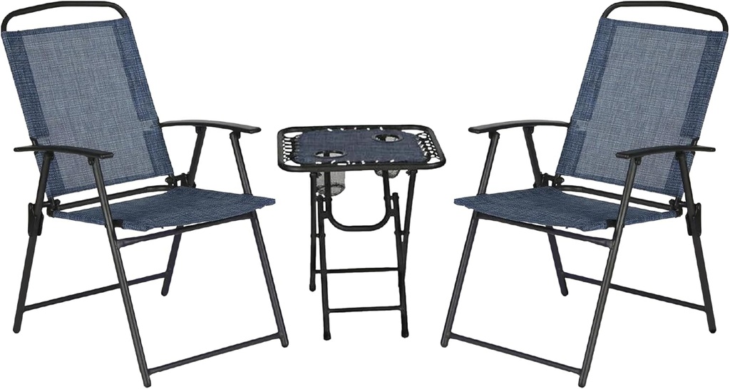 Trapper's Peak 3-Piece Folding Outdoor Patio Set, Patio Chairs and Table, Backyard Furniture, Blue