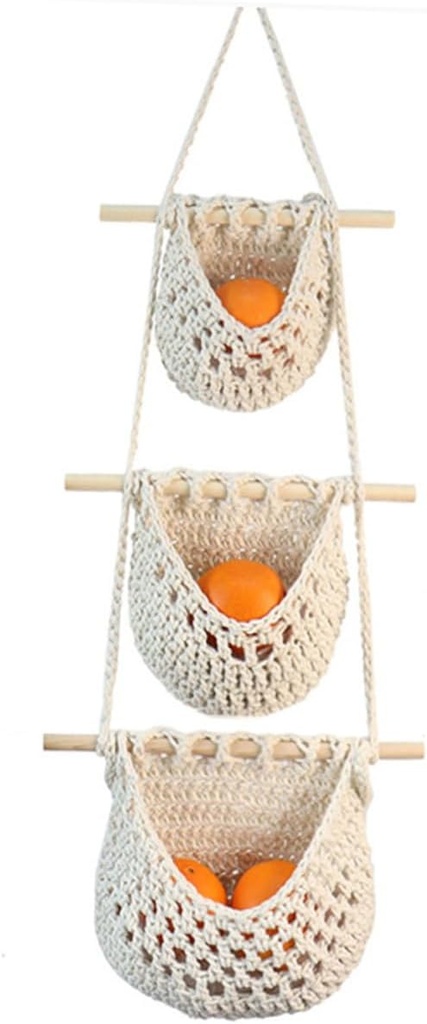 Three Hanging Fruit Vegetable Basket Handwoven Cotton Rope Hammock for Kitchen Storage Multi Function Ventilated Organizer for Fruits and Vegetables White Rope Design
