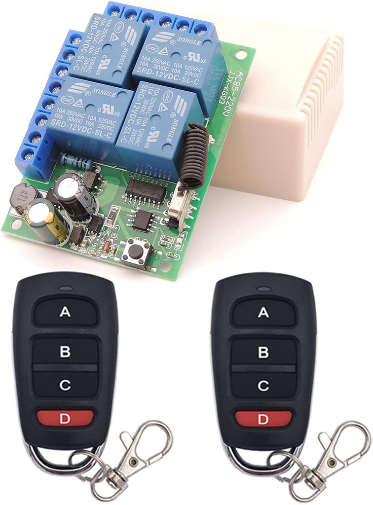 DieseRC Universal Wireless Remote Control Switch AC 110V 120V 240V 220V 10A 4 Channels RF Relay Receiver Board with 2 Transmitters for Motor Garage Door Light Electric Cylindern