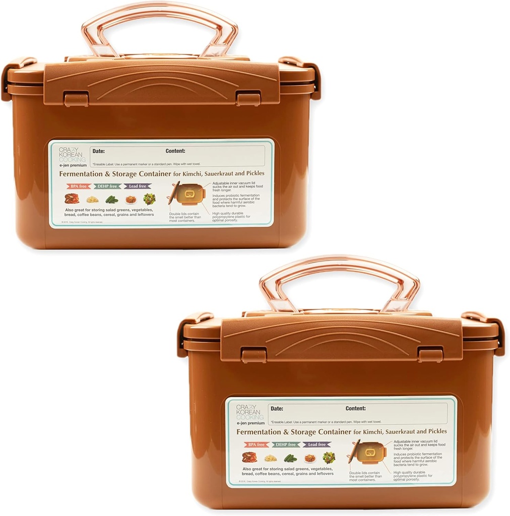 Crazy Korean Cooking Premium Kimchi, Sauerkraut Fermentation and Storage Container with Inner Vacuum Lid, Sandy Brown 1.3 Gal (5.2L) 2 PACK