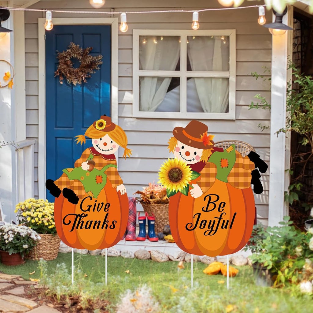 Fall Scarecrow Yard Stake Pumpkin Porch Sign with Stakes Thanksgiving Pilgrim Yard Decorations Harvest Scarecrow for Autumn Outdoor Lawn Supplies