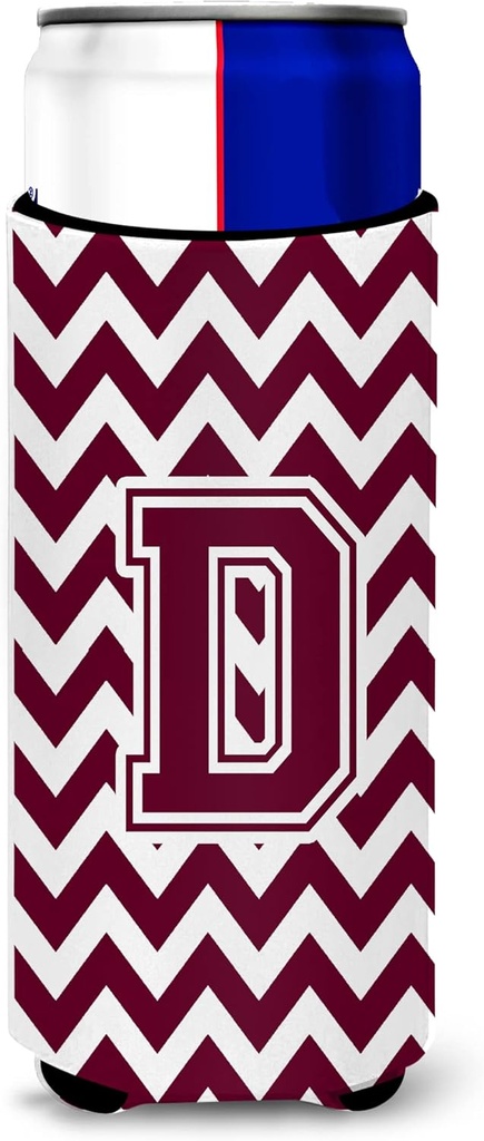 Letter D Chevron Maroon and White Ultra Beverage Insulators for slim cans