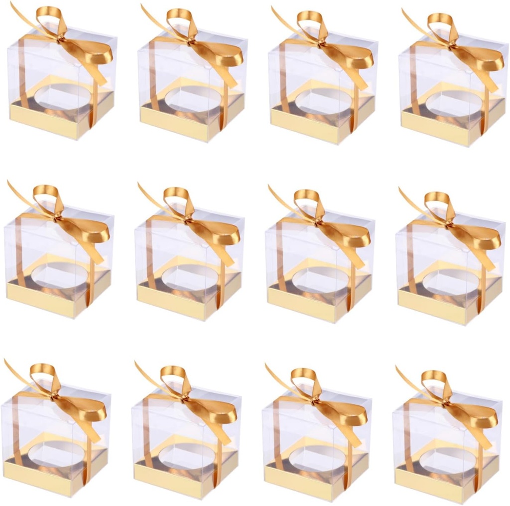Cabilock 12pcs Transparent Cupcake Boxes with Ribbon Pvc Baking Containers for Muffins Desserts Party Favors for Birthdays Weddings and Bakeries