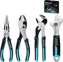 DURATECH 4-Piece Pliers Set, 8" Long Nose, 8" Slip Joint, 8" Groove Joint and 8" Adjustable Wrench, for Home Use
