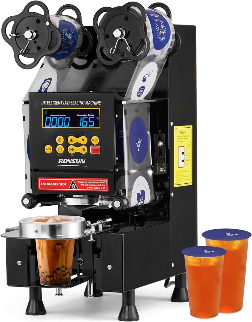 ROVSUN Cup Sealing Machine Full Automatic, Electric Cup Sealer 500-600 Cups/H, Bubble Tea Machine with LCD Intelligent Display, 88/89/90/95 mm Cup for Bubble Milk Tea Coffee Black
