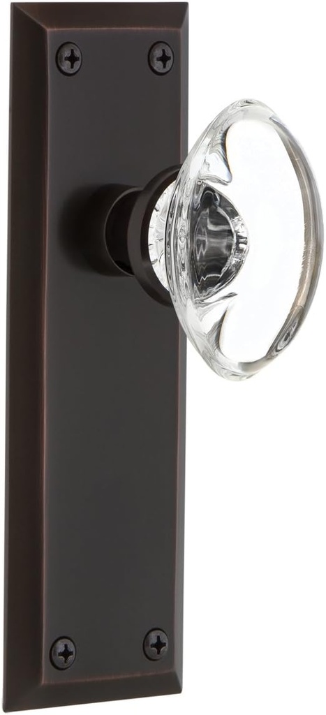 Nostalgic Warehouse New York Plate Privacy Oval Clear Crystal Glass Door Knob in Timeless Bronze