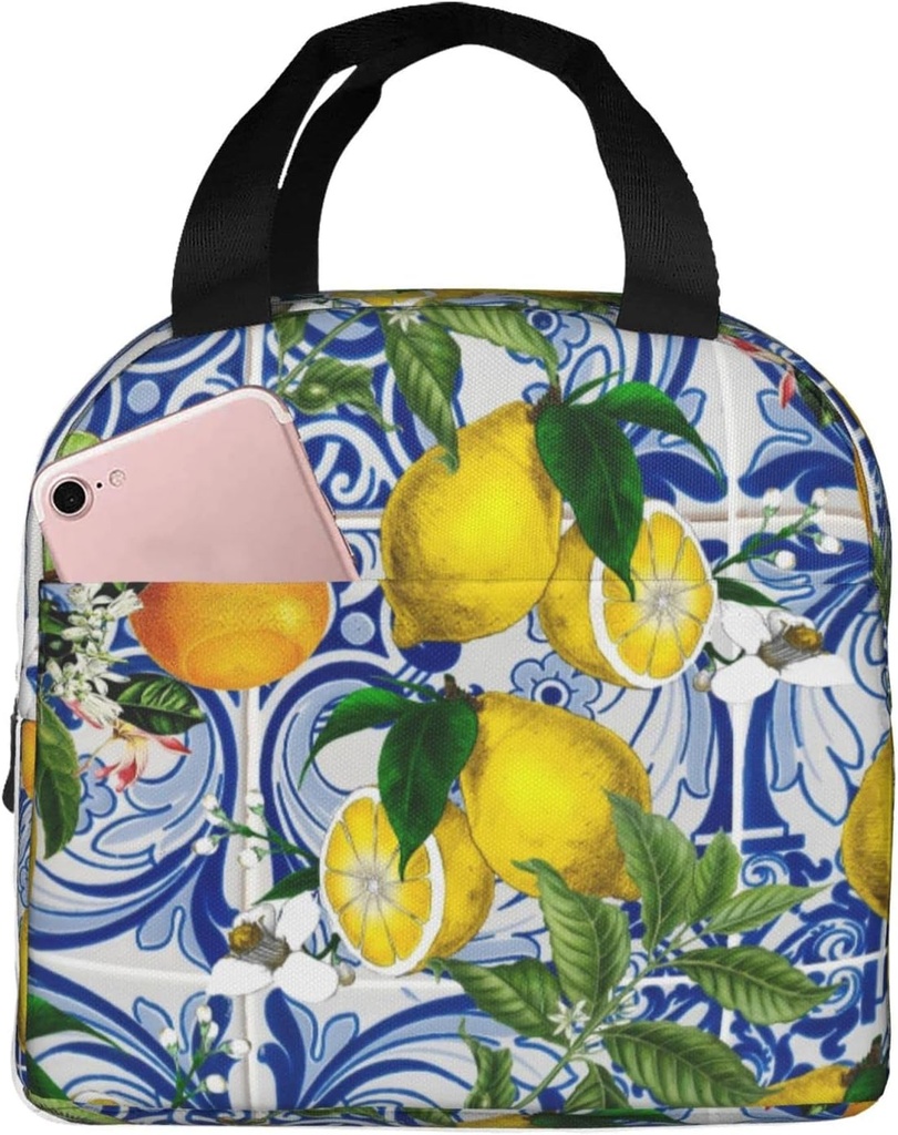 Mediterranean Lemon On Blue Ceramic Tiles Reusable Insulated Lunch Bag for Women and Men, 8.5"x8"x5"/22x20x13 cm, Polyester