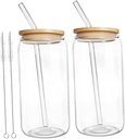 Cabilock 2Sets Transparent Glass Juice Cups of Portable Iced Tea Milk and Coffee Mugs with Lids Straws for Cold Drinks Easy to Clean and Reusable