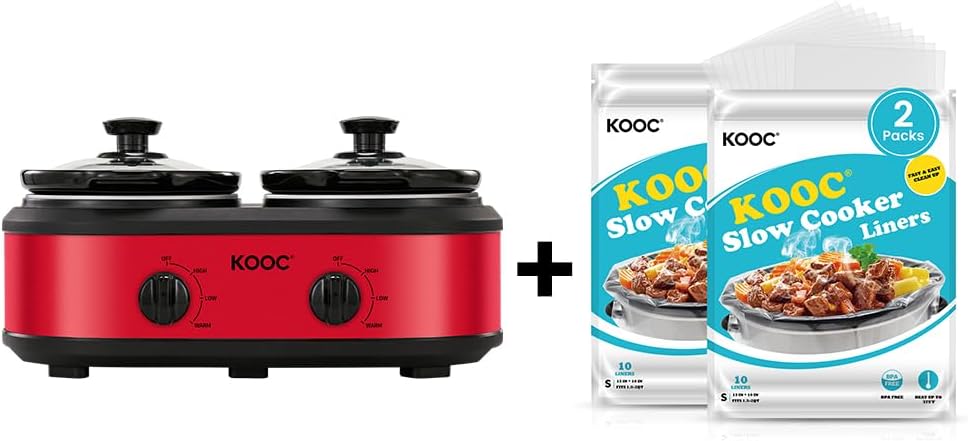 KOOC Double Small Slow Cooker, 2 Mini Pots with 3 Individual Adjustable Temp, Total 2.5 Quarts, Red+KOOC Slow Cooker Liners, 20 Count, Fit 1.5QT-2QT for Slow Cookers