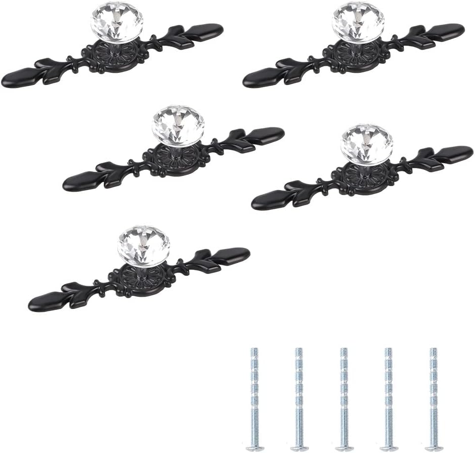 5pcs Glass Cabinet Knobs, Crystal Drawer Pulls Handles, Diamond Drawer Pulls with Plate, Decorative Black Dresser Knobs Furniture Door Handles for Kitchen Bathroom