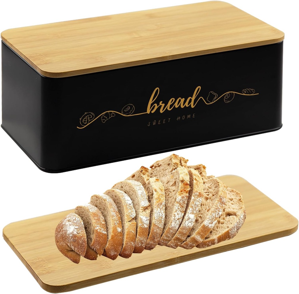 Bread Box with Bamboo Cutting Board Lid, Metal Bread Box for Kitchen Counter, Small Bread Storage Container, Black Bread bin for Kitchen Countertop