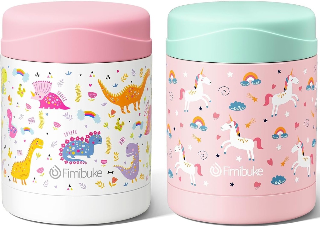 Fimibuke Insulated Kids Food Jar, 2 Pack 12 OZ Bpa Free Stainless Steel Vacuum Lunch Jar for Hot Cold Food, Leakproof Snack Container for School Boy Girl Wide Mouth Toddler Lunch Box for Smoothie Soup