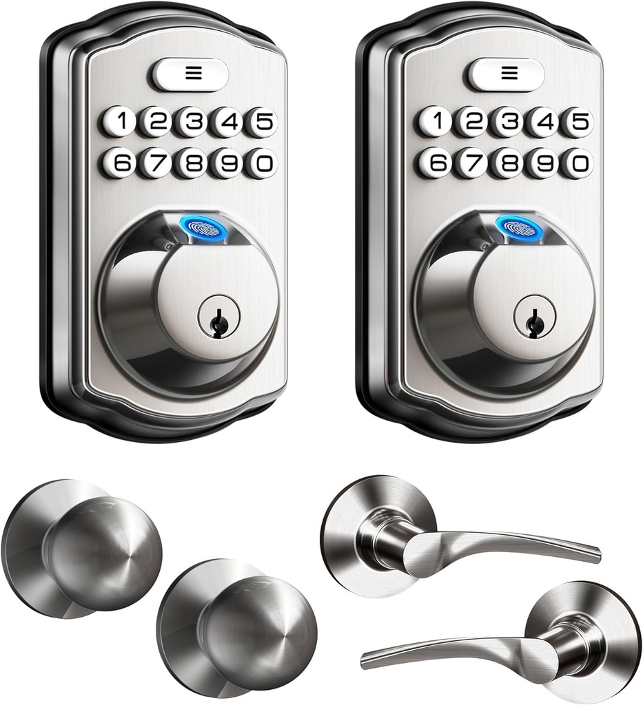Veise Fingerprint Door Lock with 2 Door Knobs and Veise Fingerprint Door Lock with 2 Door Levers - Satin Nickel