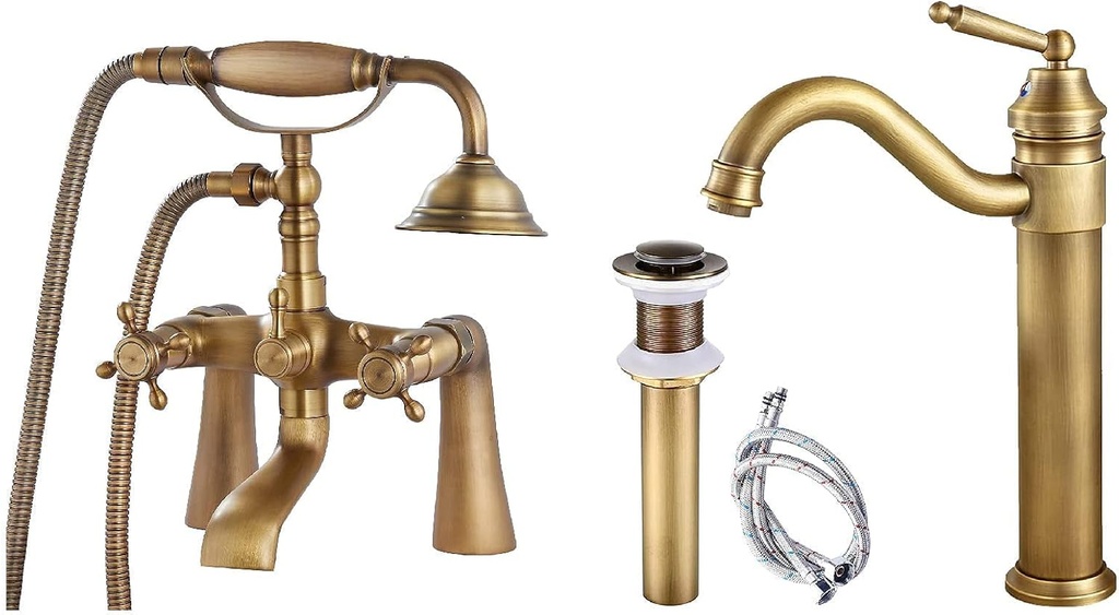 Tub Bathtub Clawfoot Faucet Deck Mount Handheld Shower Telephone Shaped Sprayer 2 Cross Handle Single Handle Sink Faucet Brass Long Reach Pop Up Drain With Overflow Included Hot And Cold Water