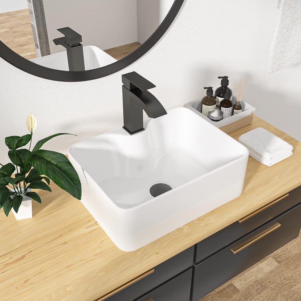 Kichae 16"x12" Rectangle Bathroom Vessel Sink with Faucet Combo Porcelain Ceramic White Vanity Sink Above Counter Modern Sink with Faucet Hole for Lavatory, Hotel Art Basin, Home Washing Basin