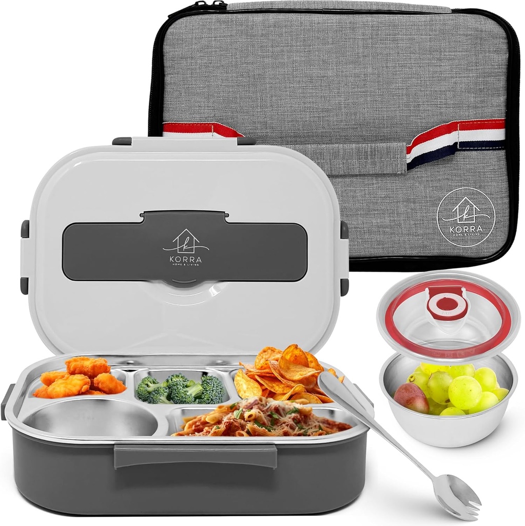 Korra Home & Living Stainless Steel Lunch Bento Box for Adults and All Ages - 5 Compartments, Insulated Bag, Spork, and Leak resistant Soup Bowl, Durable for Work, College, Travel