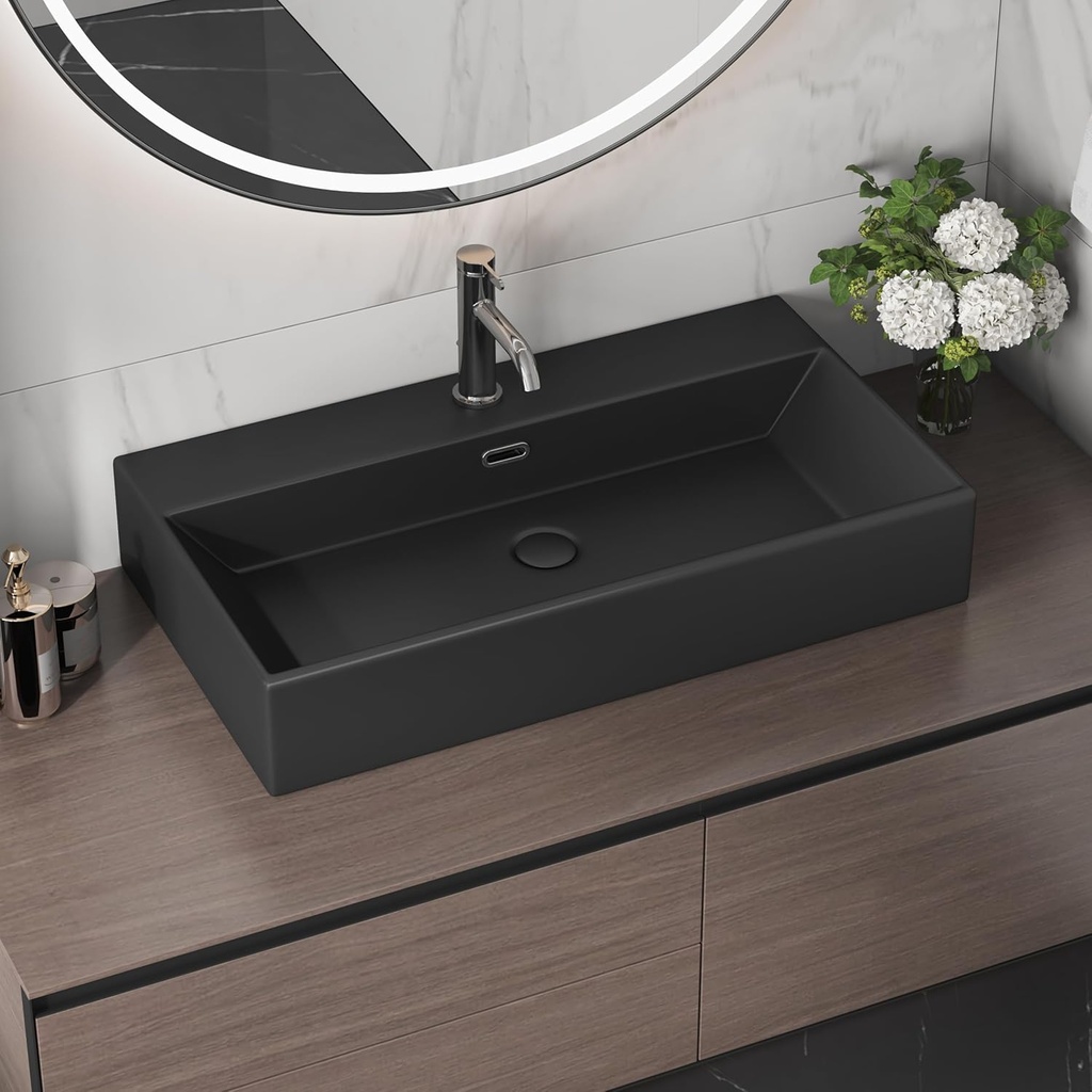 30" x 16" Bathroom Sink Vessel Rectangle, Eridanus Hang Wall Mount Sinks Floating Trough Countertop Vanity Washbasin, Ceramic Porcelain Modern Art Face Basin Bowl with Overflow, Matte Black