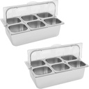 2 Pcs 6 Pans Countertop Food Serving Display Container, Stainless Steel Food Condiment Dispenser Display Rack with Clear Roll Top Cover for Salad Buffet Restaurant