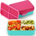 Caperci Small Bento Snack Box for Kids - 2.5 Cup Leak-Proof Snack Containers with 3-Compartment & Innovative Easy-Open Latch, Utensils Store Area, BPA-Free, Ideal for Ages 3+ (Fuchsia/Teal)