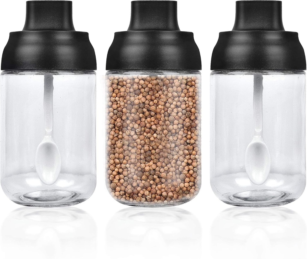 Supkiir Spice Containers Glass, 3Pcs Kitchen Glass Condiment Containers with Lids 8 oz Spice Jars, Small Spoons for Spice Jars Moisture-Proof Seasonings Container Set for Storage Spices