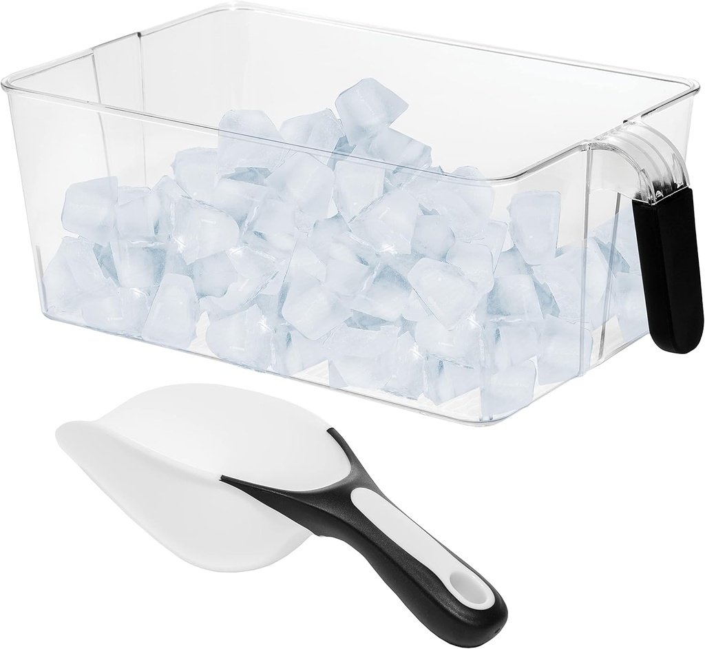Ice Cube Tray + Ice Scoop For Freezer | Ice Bin & Flexible Scoop | BPA Free, Food Safe Ice Bucket | Clear Plastic Storage Bin, Laundry Detergent Holder, Freezer and Refrigerator Organizer Bin