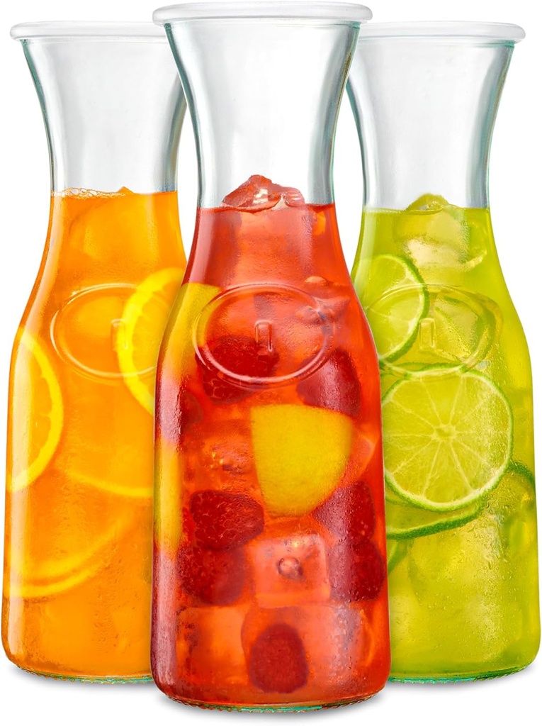 Vikko Glass Water Carafe With Lid, Set of 3 Small Glass Juice Carafes for Mimosa Bar, 1 Liter Glass Pitcher for Mimosa Bar, MIlk, Iced Tea, Dishwasher Safe, Mimosa Bar Supplies