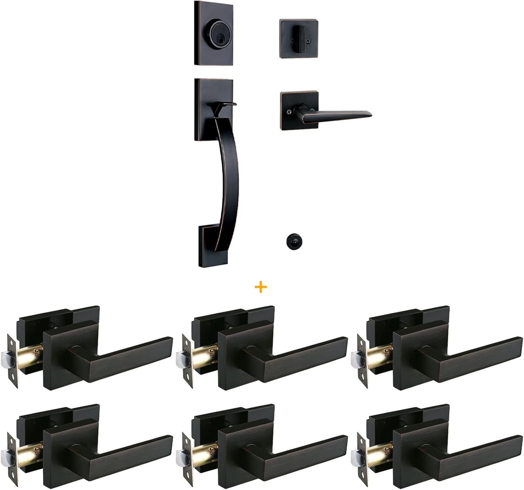 NEWBANG （Keyed Handleset for Single Front Door + (6 Pack) Passage Door Lever in Oil Rubbed Bronze Finish
