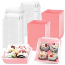 100 Pack Charcuterie Boxes with Clear Lids Valentine Gift 5 Inch Cookie Boxes Disposable Cake Case Paper Square Cookie Containers Dessert for Sandwich Slice Cake Hot Cocoa Bombs Strawberries(Pink)